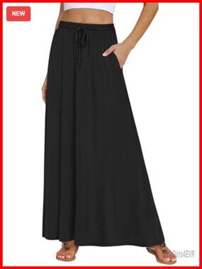 Flowy Maxi Skirt with Pockets Elastic High Waist Long Skirt